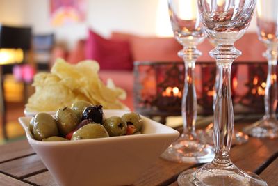 Close-up of wine served on table