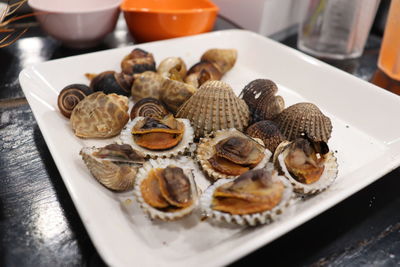 High angle view of food in plate on table