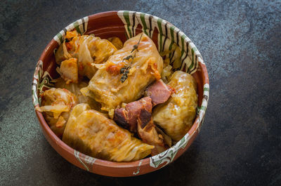 High angle view of meat in plate