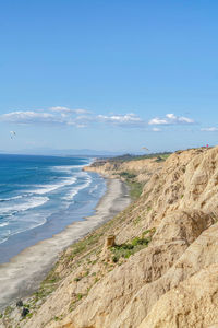 Scenic view of beach against blue sky