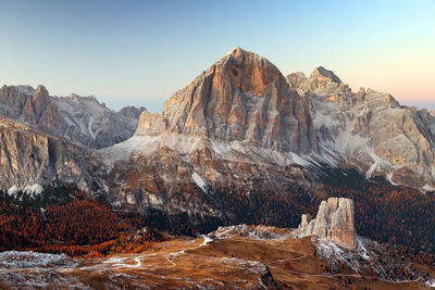 Scenic view of rocky mountains against clear sky