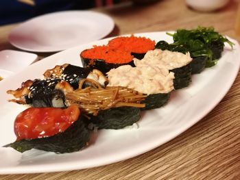 Close-up of sushi served in plate on table