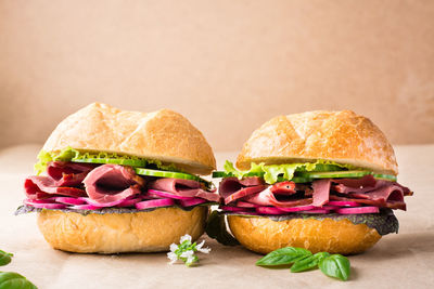 A couple of fresh burgers with pastrami, cucumber, radish and herbs on craft paper