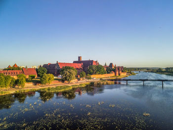 Scenic view of lake by buildings against clear blue sky