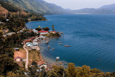 High angle view of sea and mountains