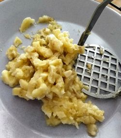 High angle view of food in basket on table