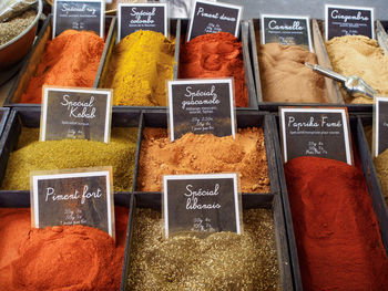 Variety of spices for sale at market stall