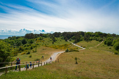 People walking on road by trees against sky