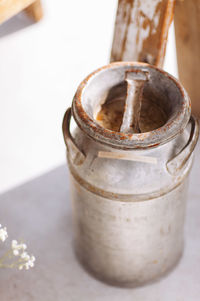 High angle view of rusty metal on table