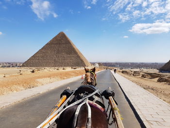 People riding horse on road against sky