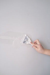 Cropped hand of person holding paintbrush against white background