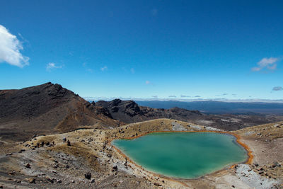 Panoramic view of lake and mountains against blue sky