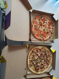 High angle view of pizza on table