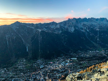 Aerial view of landscape against sky during sunset