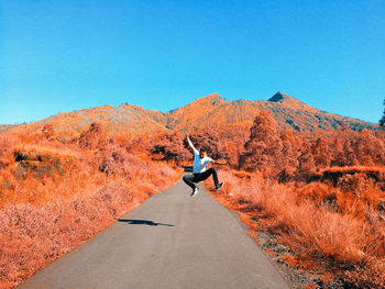 Rear view of person on road against clear blue sky