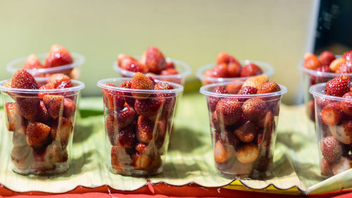 Close-up of fruits served on table