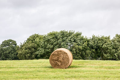 Hay bales on field against sky