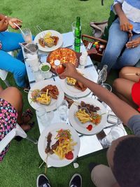 High angle view of people having food