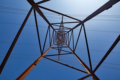 Low angle view of electricity pylon against clear blue sky