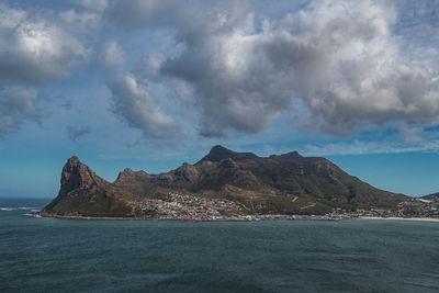 Scenic view of sea and mountains against sky
