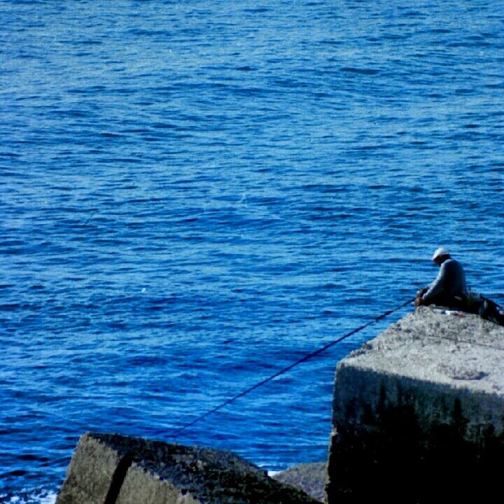 water, sea, blue, rippled, nature, rock - object, beauty in nature, tranquility, day, high angle view, bird, outdoors, tranquil scene, scenics, no people, pier, ocean, rock, sunlight, wood - material