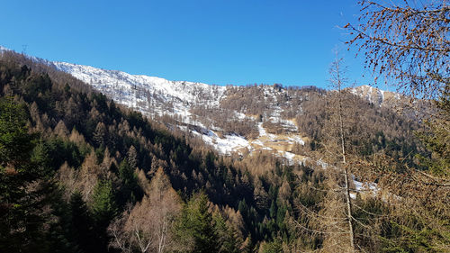 Scenic view of snowcapped mountains against clear sky