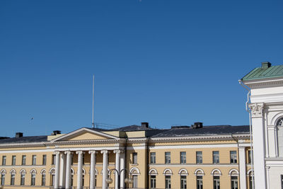 Low angle view of building against clear blue sky