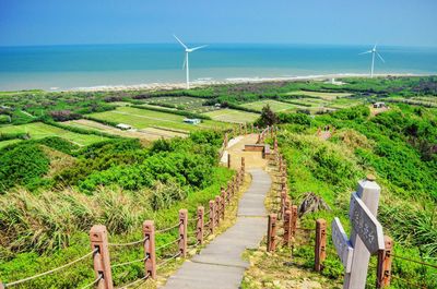 Scenic view of agricultural field by sea against sky