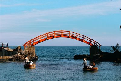 People on bridge over sea against sky