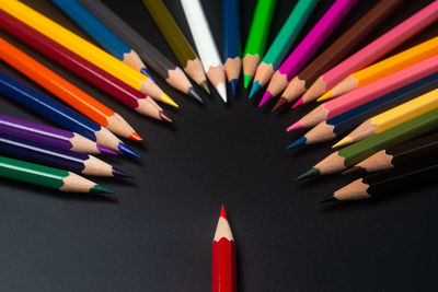 High angle view of colored pencils on table