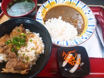 High angle view of meal served on table