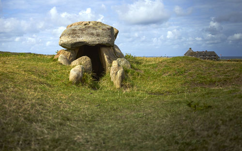 Bronze age megalithic grave on the edge of a dune on the island of sylt, germany