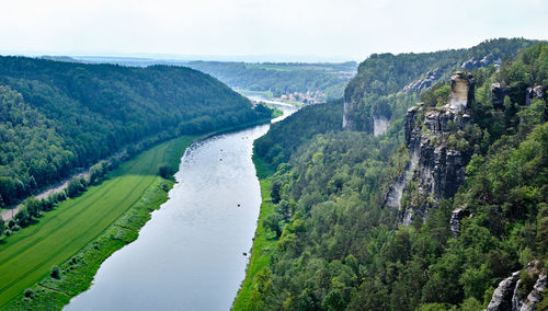 Scenic view of river amidst mountains against sky