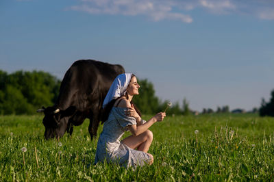 Herd of cows, long dress, headscarf, cute girl, laugh, cattle, wild animals, agriculture, village
