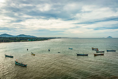 Fishing boats in the sea aerial shots at early morning