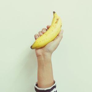 Close-up of hand holding food over white background