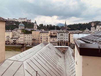 High angle view of buildings against cloudy sky