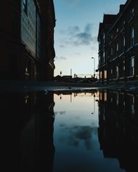Reflection of buildings in puddle
