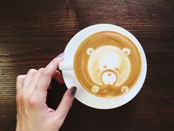 Directly above shot of hand and coffee on table