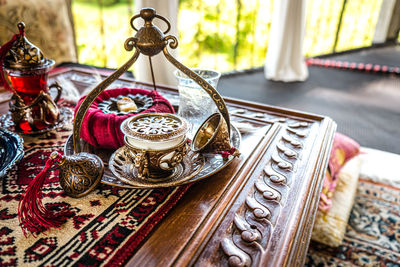 Turkish coffee and tea set in colorful traditional housewares in turkish theme coffee cafe