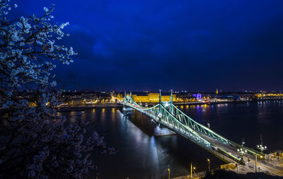 Illuminated liberty bridge over danube river against blue sky at night