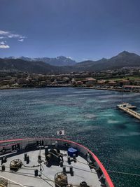 High angle view of sea against blue sky