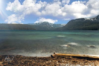 Scenic view of lake against cloudy sky