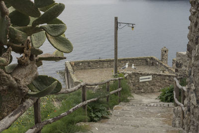 Staircase by sea against sky