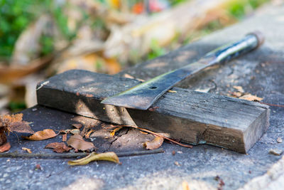 Close-up of rusty metal on table