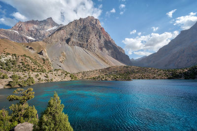 Scenic view of lake and mountains against sky