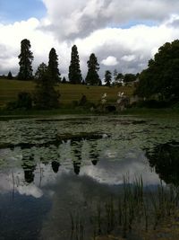 Scenic view of lake against cloudy sky