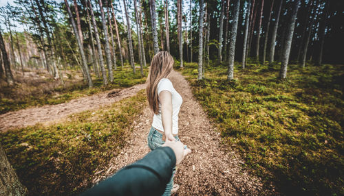 Close-up of woman holding hand in forest