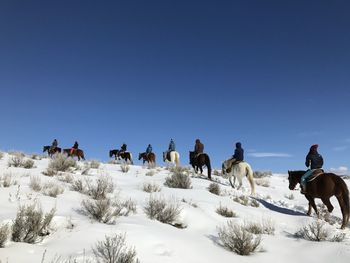 People on snow covered landscape against clear blue sky