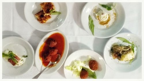 High angle view of breakfast served on table